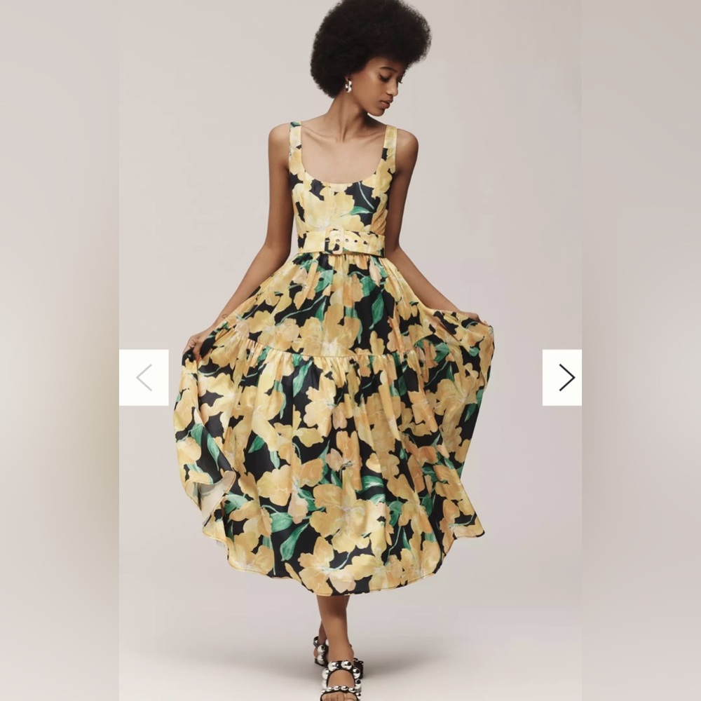Floral Yellow Hutch Scoop-Neck Belted Midi Dress